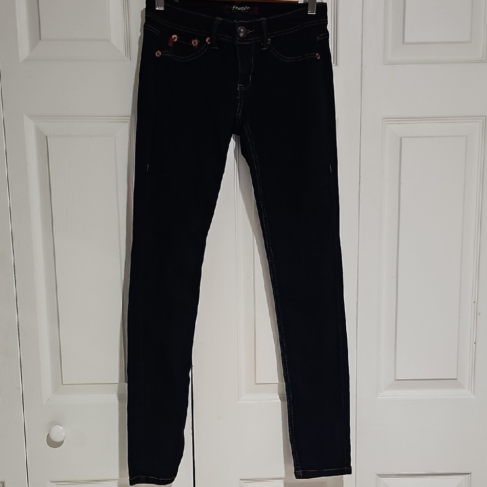 Vintage Y2K Fragile Blue Jeans – Size 1 – Dark Wash Low Rise Skinny